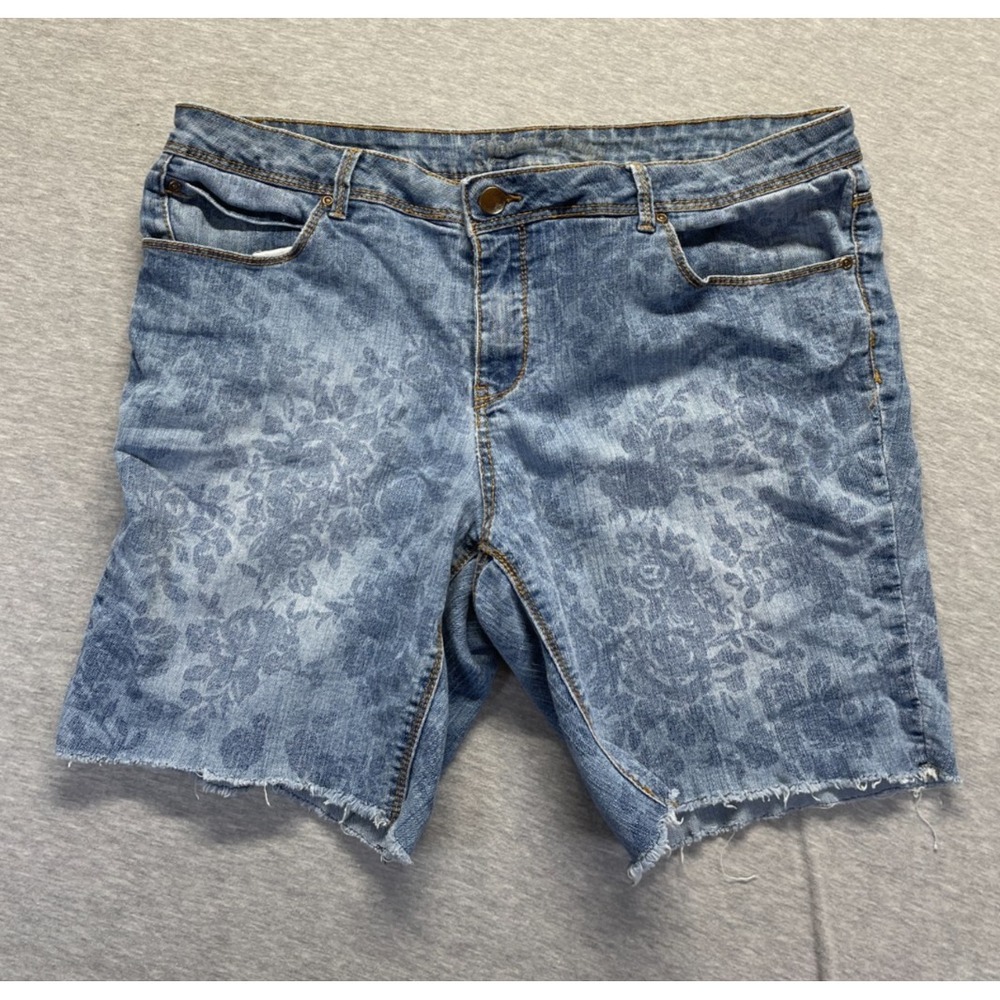 Faded Glory Cut Off Shorts Womens 18 Blue Floral Print Denim Mid Rise Frayed Hem
